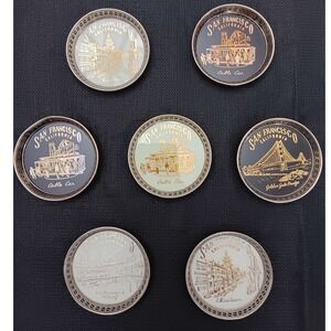 Vintage San Francisco Souvenir Coasters Set 7 Metal Rim Golden Gate Bridge 1960s